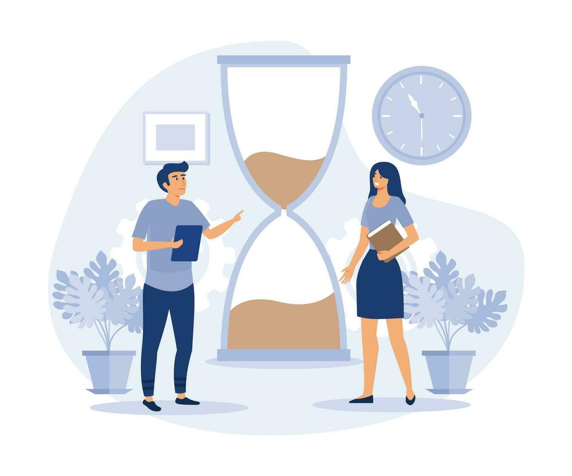 Business waiting - Two people with hour glass standing in patience watching as time goes by, flat vector modern illustration