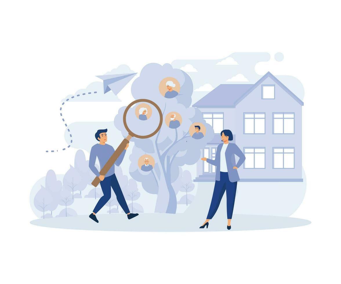 Patrilineal and Matrilineal Descent, Curious Siblings  Make Family Tree, flat vector modern illustration