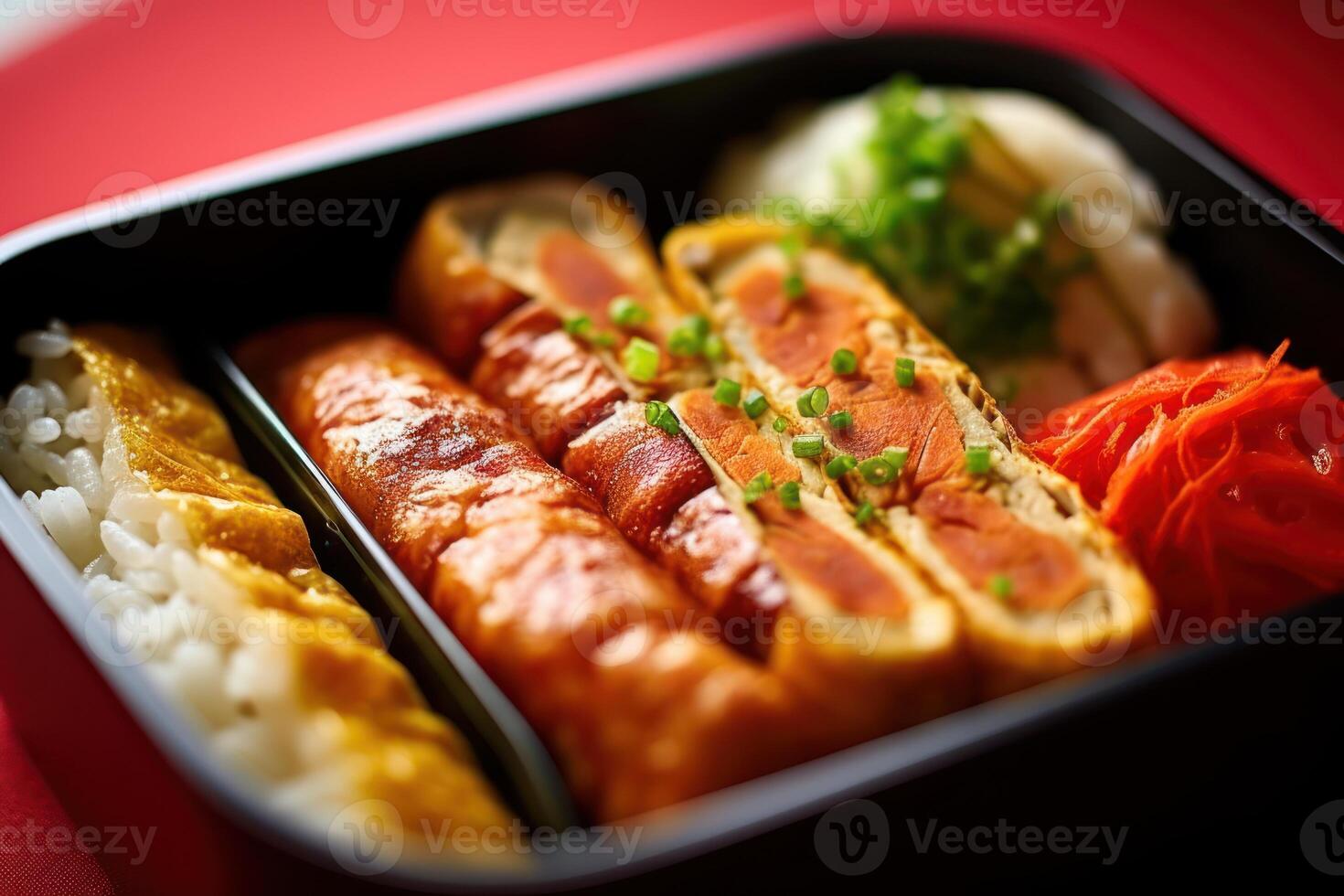 stock photo of Tamagoyaki Japanese Rolled omelette in bento with rice food photography