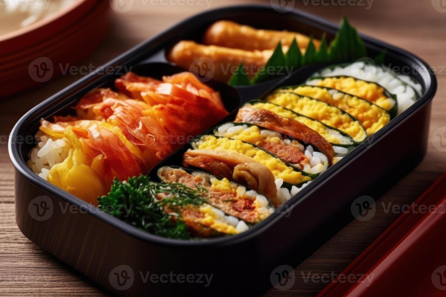 stock photo of Tamagoyaki Japanese Rolled omelette in bento with rice food photography