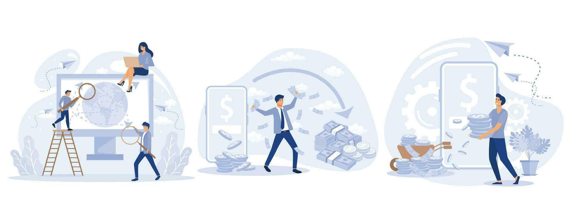 Desktop Computer with Earth Planet on Screen,  Huge Phone Man Makes Financial Operations Using Mobile App, Financial Transaction and Fast Money Transfer via Internet vector