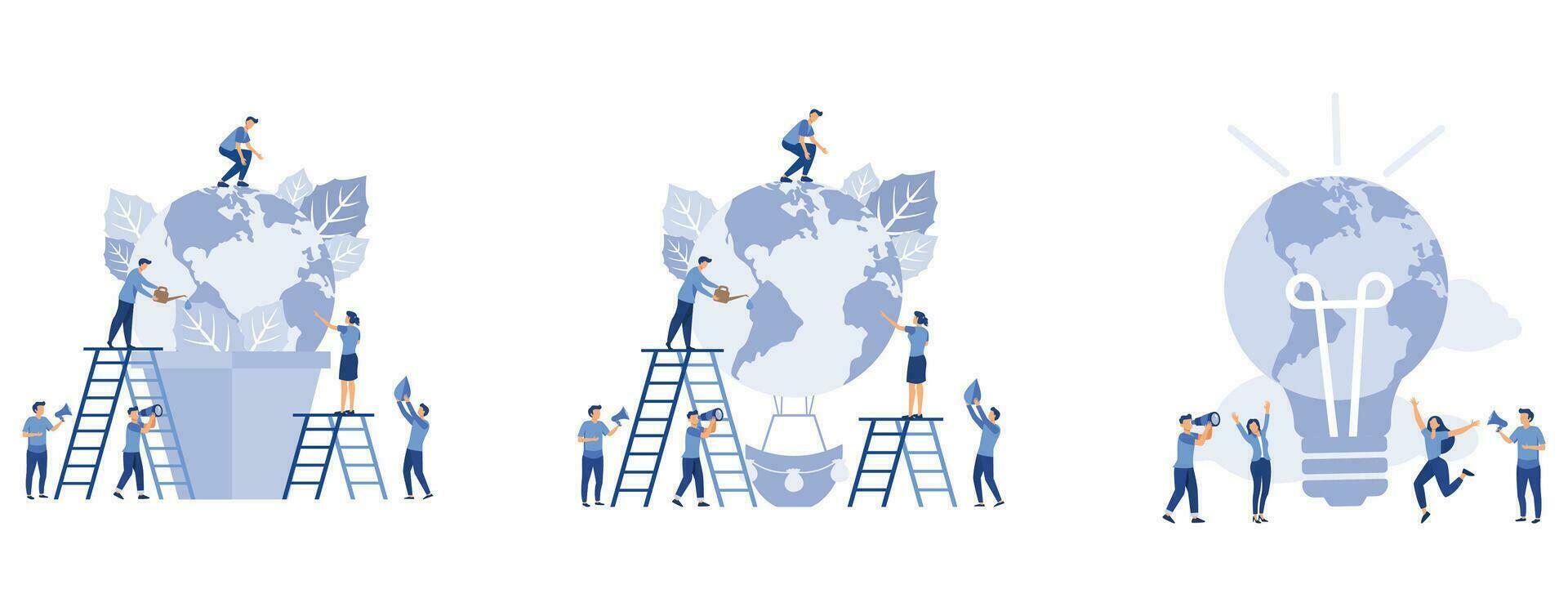 Earth day concept, people prepare for the day of the environment,  a balloon in the form of a planet, save energy and planet, flat vector modern illustration