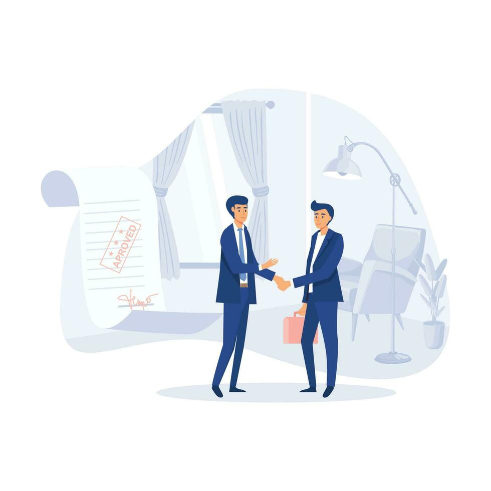Businessman shaking hand with loan agreement and money bag. personal loan or financial support, flat modern vector illustration