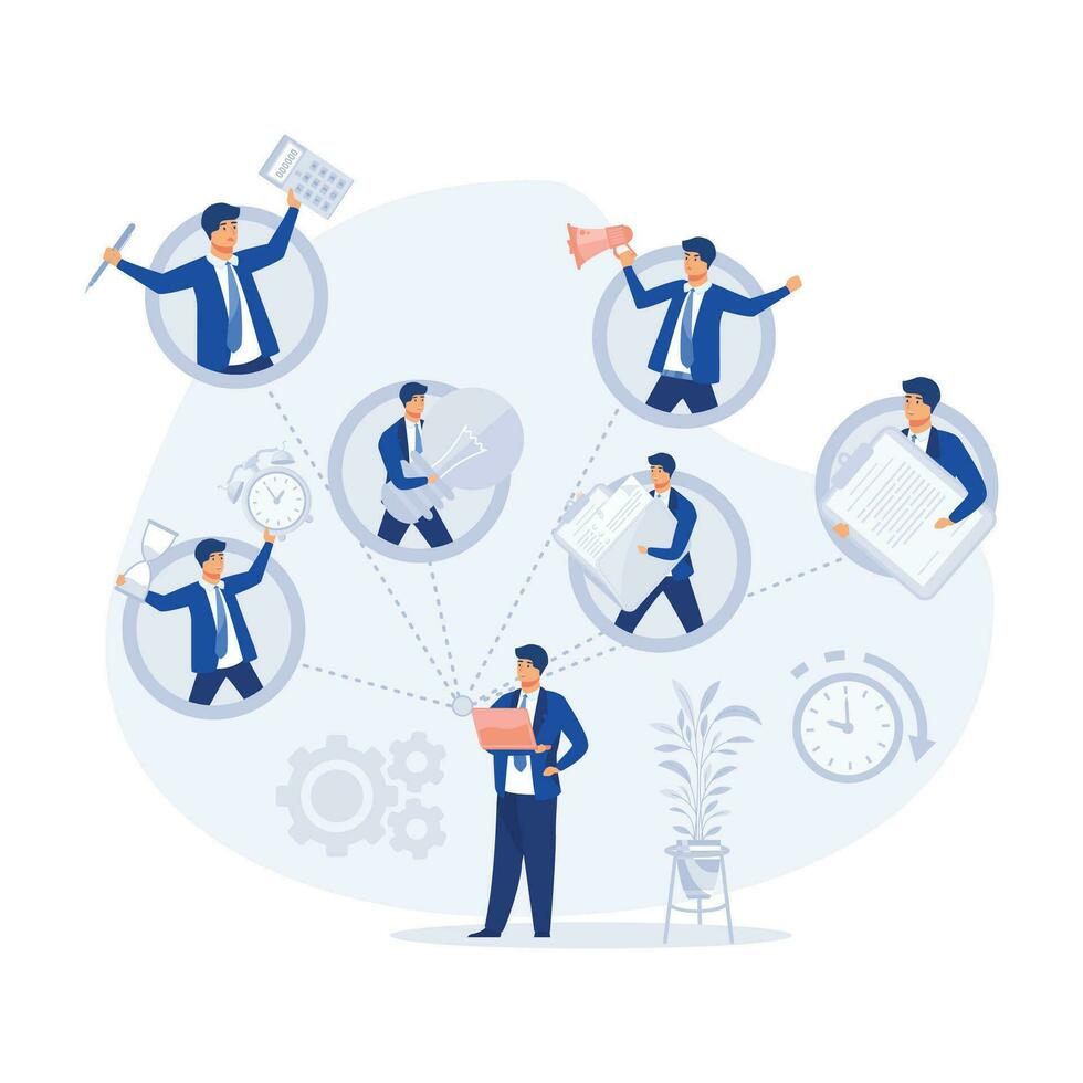 Happy business man with multitasking skills sitting at his laptop with office icons on a background.  time management and productivity concept. flat vector modern illustration