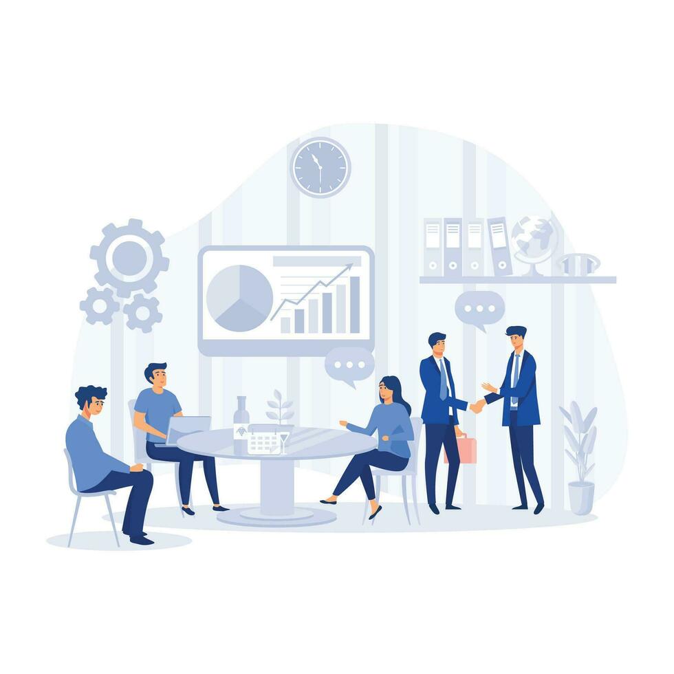 working together, discussing start-up. Meeting of colleagues. Coworking, teamwork concept. flat modern vector illustration