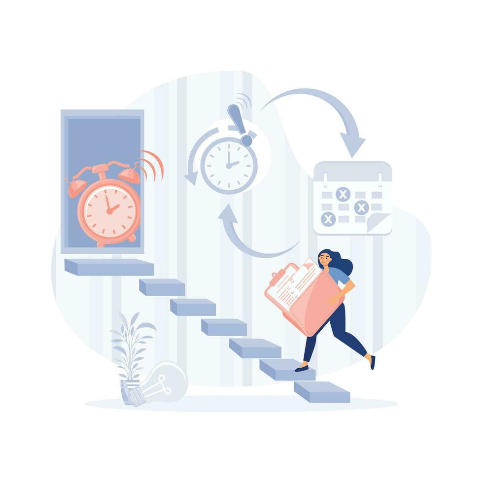 Businesswoman running in hurry to chase deadline time. while carrying paperwork and wearing face mask. flat modern vector illustration