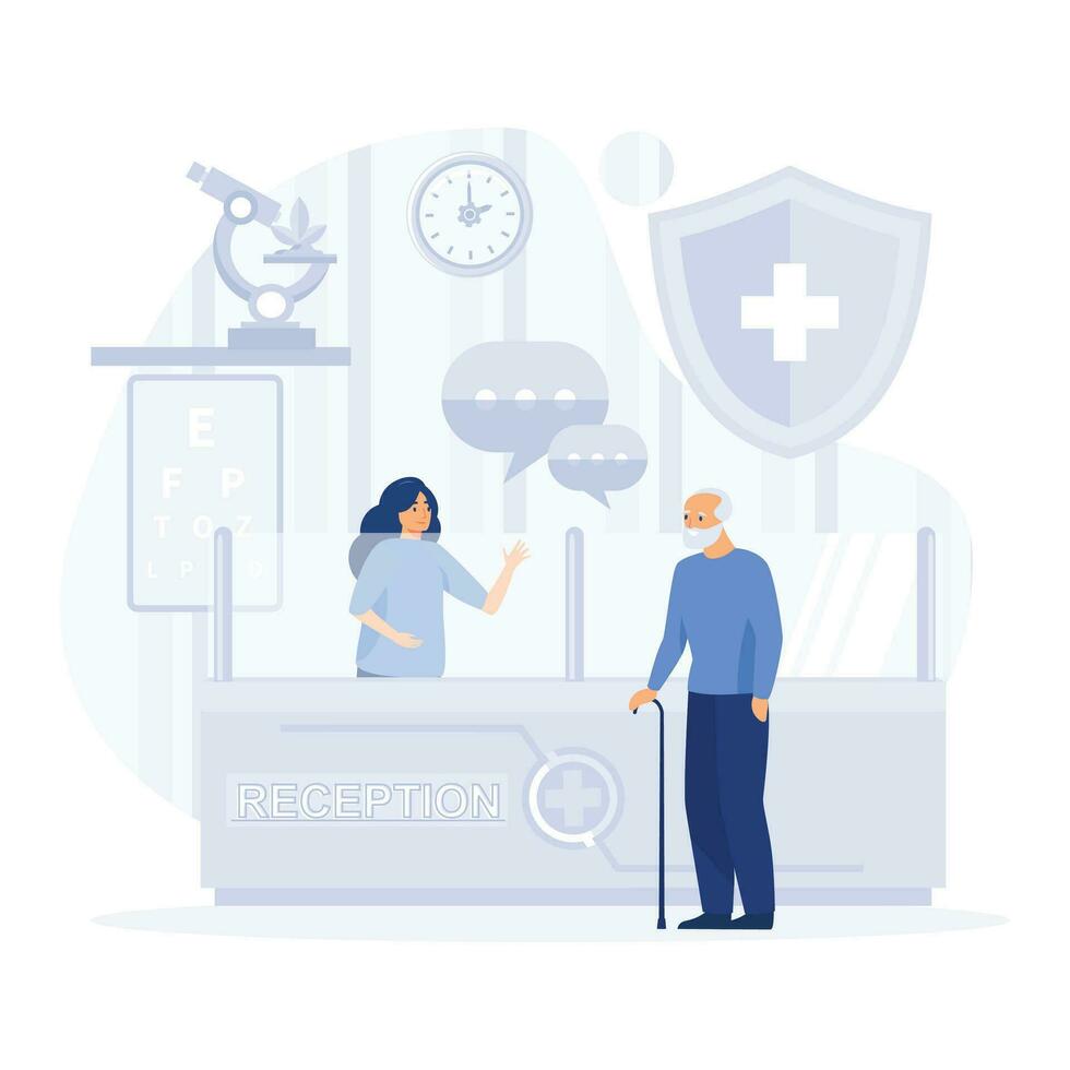 Hospital receptionist giving old man information, checking in for appointment,  flat vector modern illustration