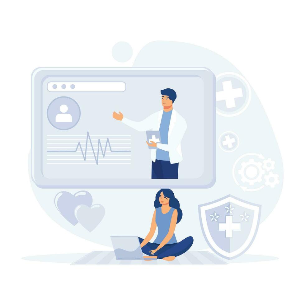 electrónico salud grabar y en línea médico servicios, pacientes teniendo en línea consultas con médico especialistas, plano vector moderno ilustración