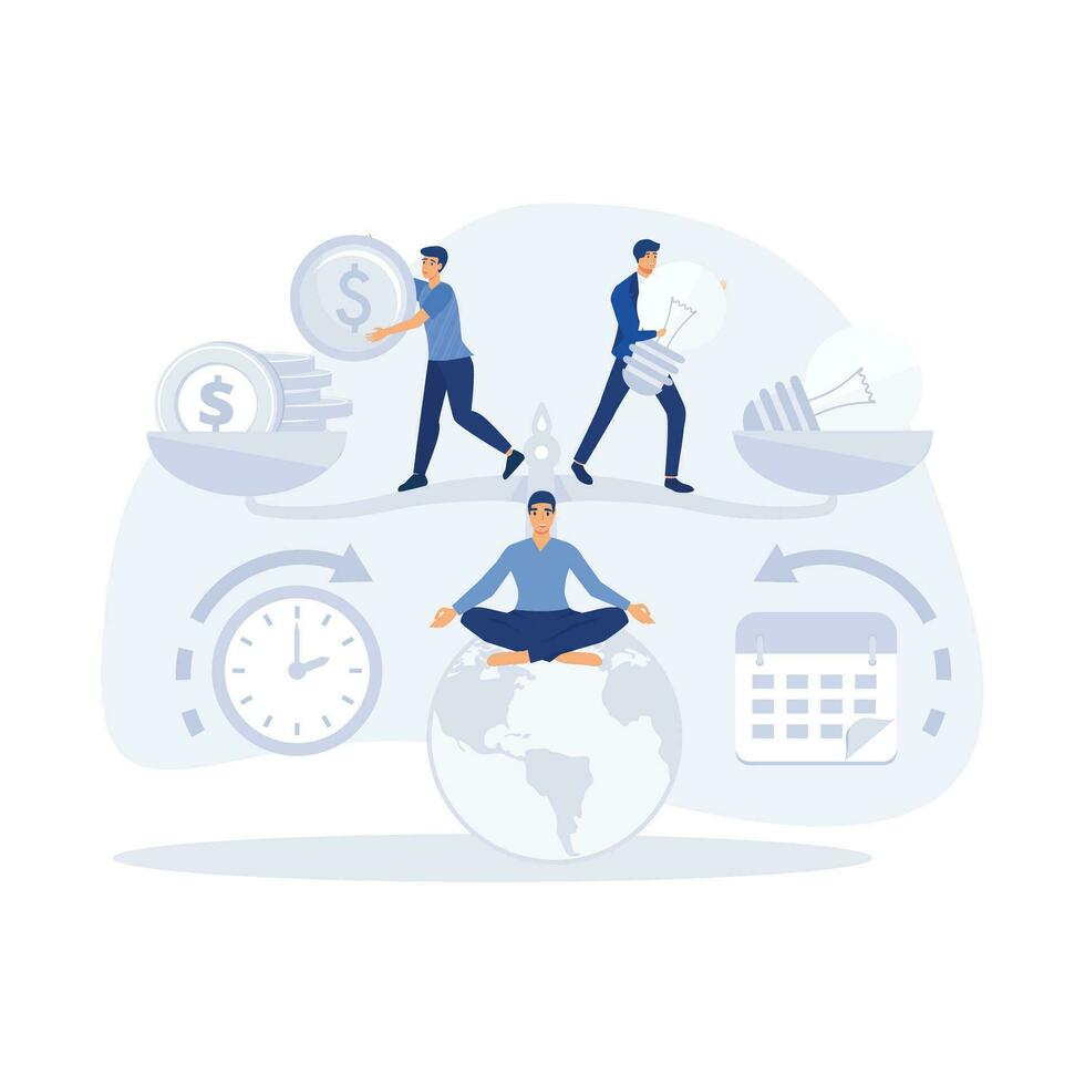 teamwork and corporate leisure and yoga courses. good balance between idea, time and work, flat vector modern illustration