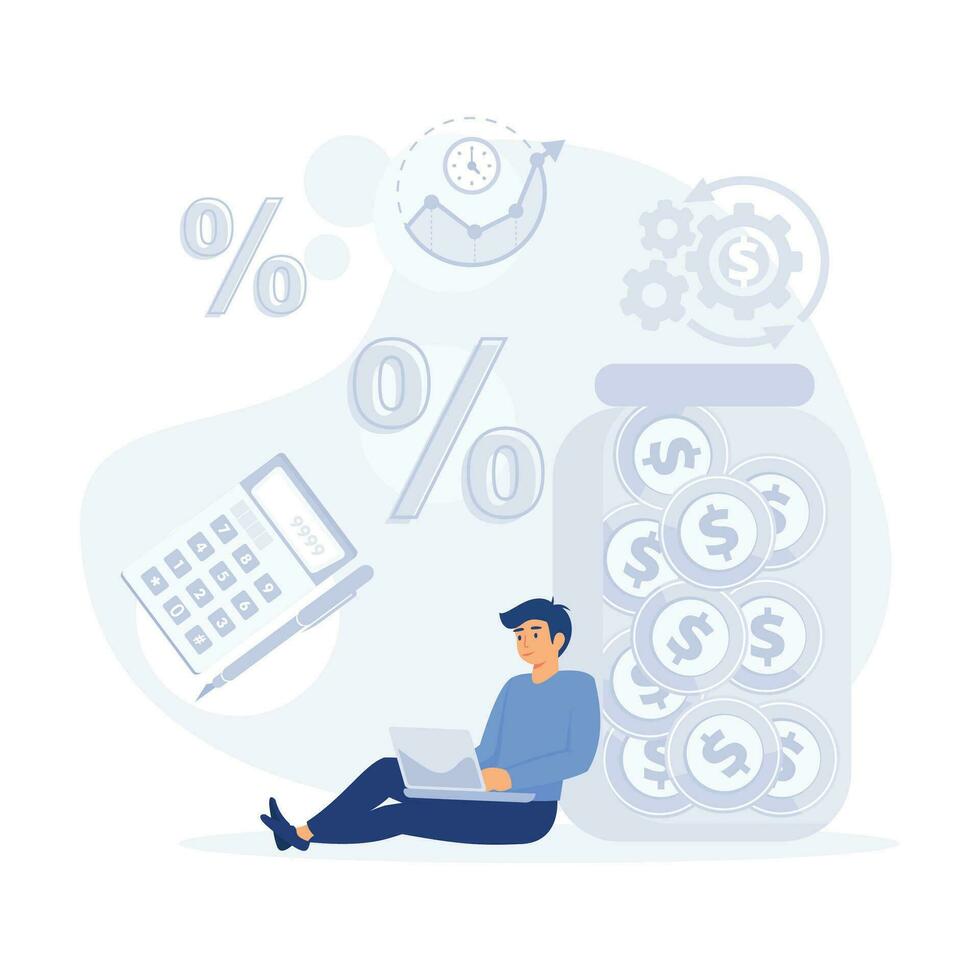 Calculation, bookkeeping investment money concept,  thinking about profit. Economic audit, financial analysis, tax accounting, bill payment, flat vector modern illustration.