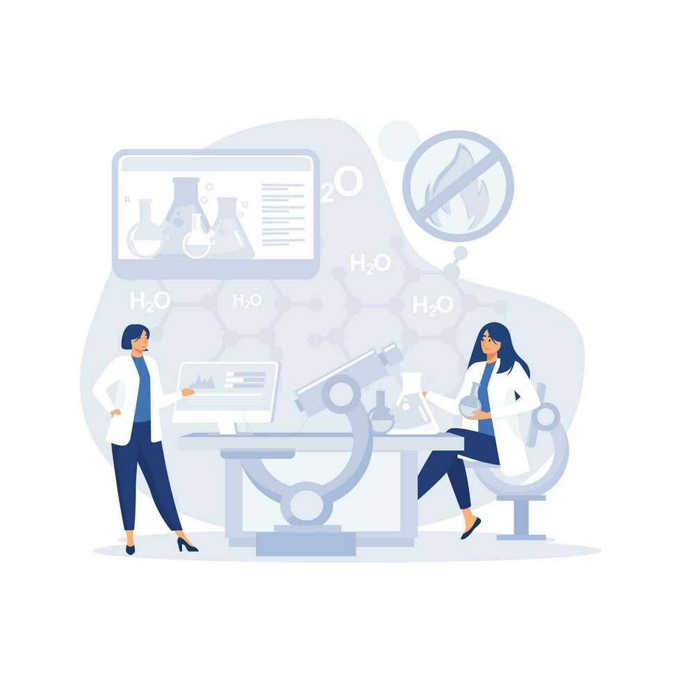 Scientific research concept, scientists two men and woman working at science lab. flat vector modern illustration