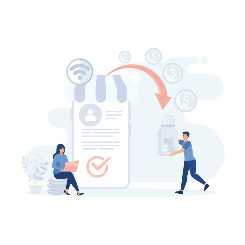 cash to electronic account on Internet to man, Guy made profit in finance. flat modern vector illustration