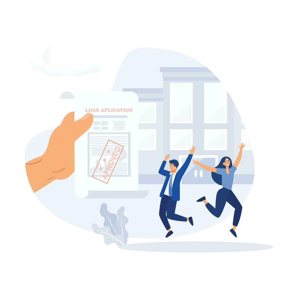 Credit agent holds loan approval application document with approved stamp in hand, debt or obligation to pay back interest rate. flat modern vector illustration