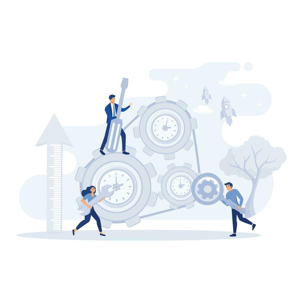 workers couple rotating cogwheels teamwork process concept man woman in overalls repairing mechanism, flat vector modern illustration
