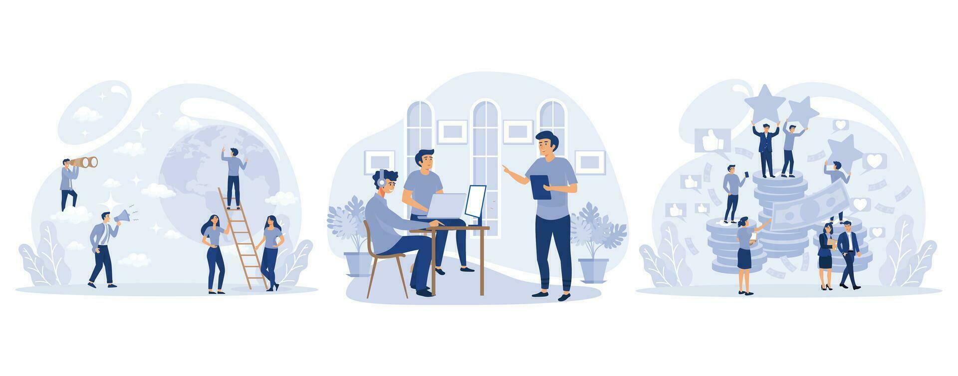 Getting to Top, Successfully Reaching Goal, Office Workers, Actively Discussing New Business Project, Celebrating Company Financial Success, set flat vector modern illustration