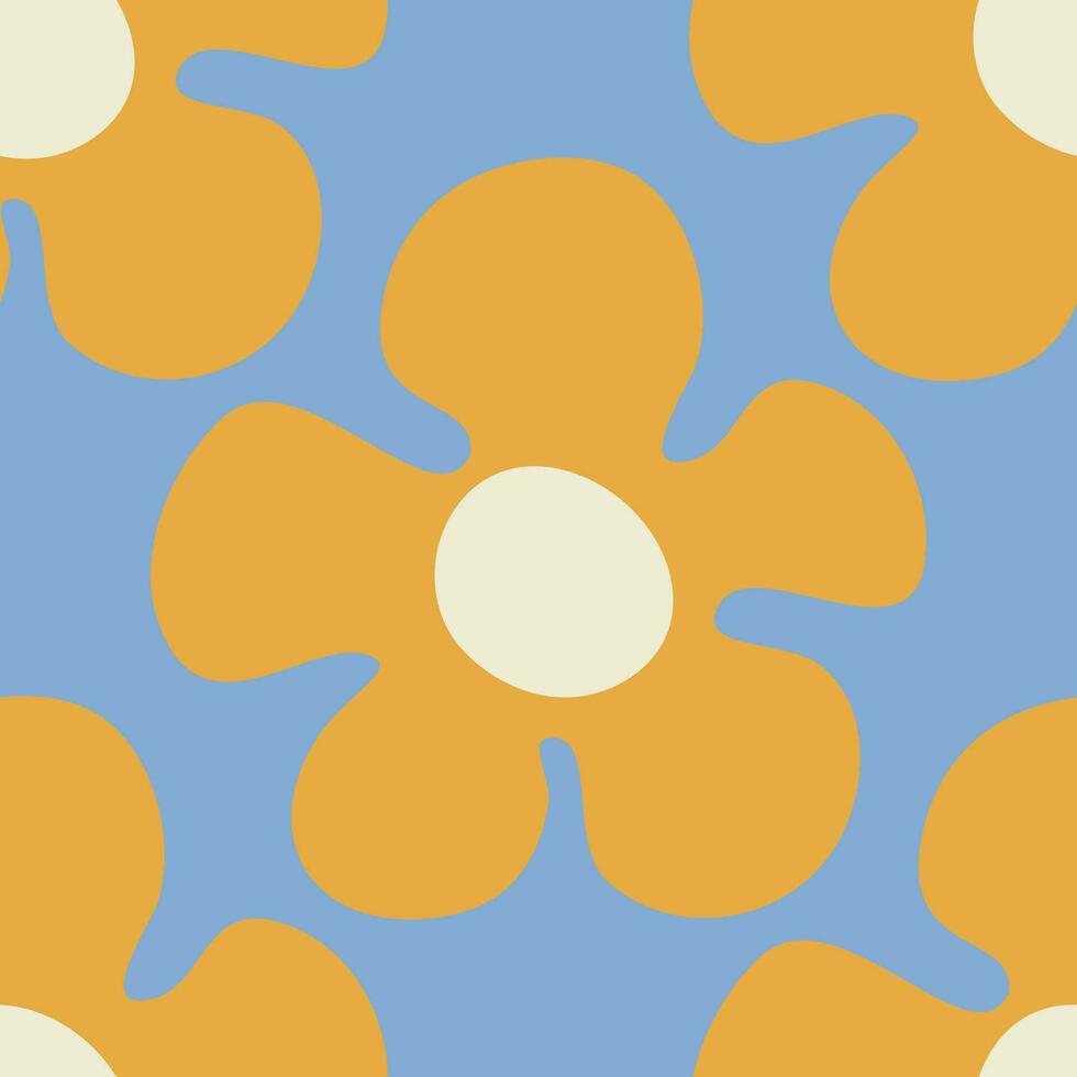 Seamless pattern with yellow flowers in Groovy style on blue background vector