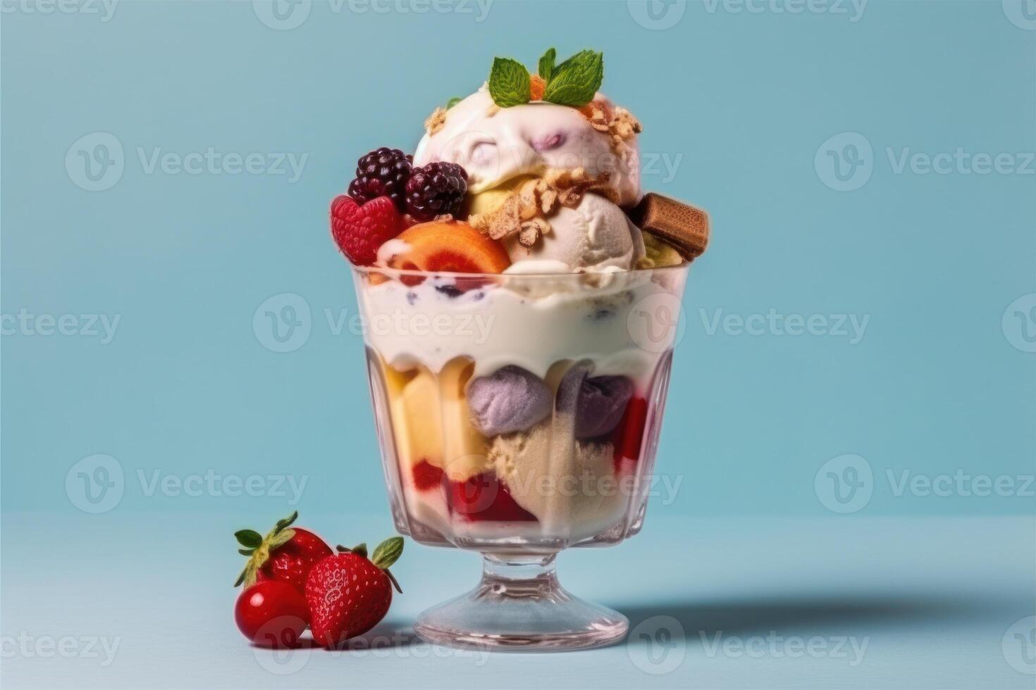 stock photo of ice cream collection with plastic glass mix fruits food photography