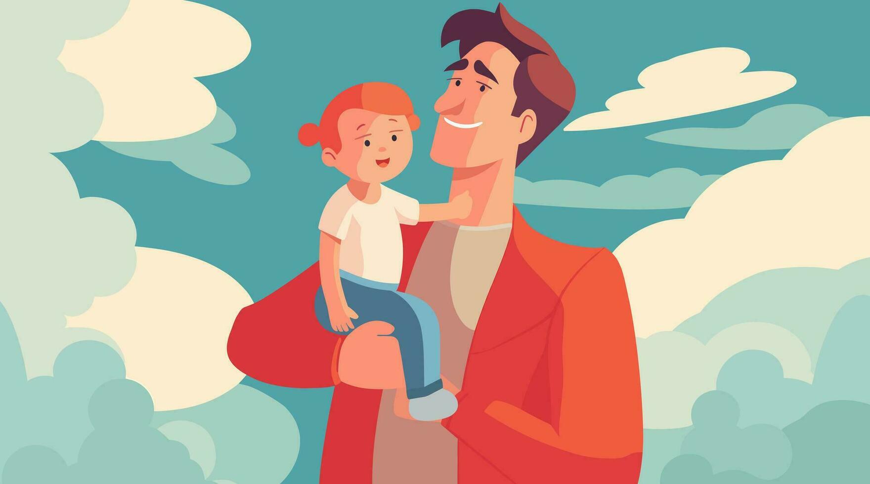 Father's day flat design, Dad holding baby illustration isolated from background, blue sky with clouds vector