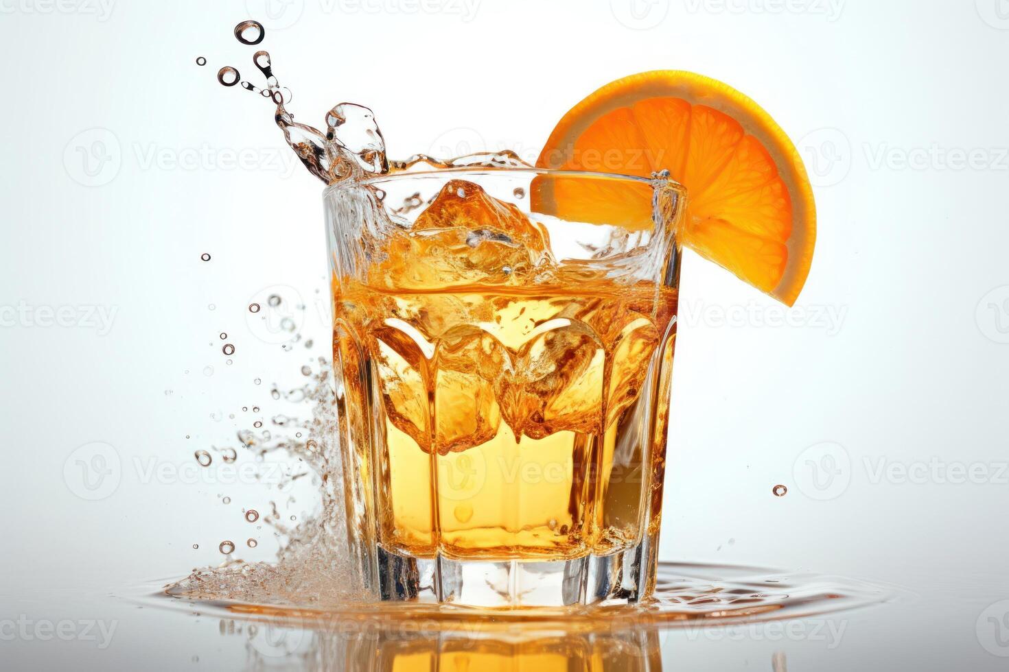 stock photo of glass of orange juice with ice cube splash Editorial food photography