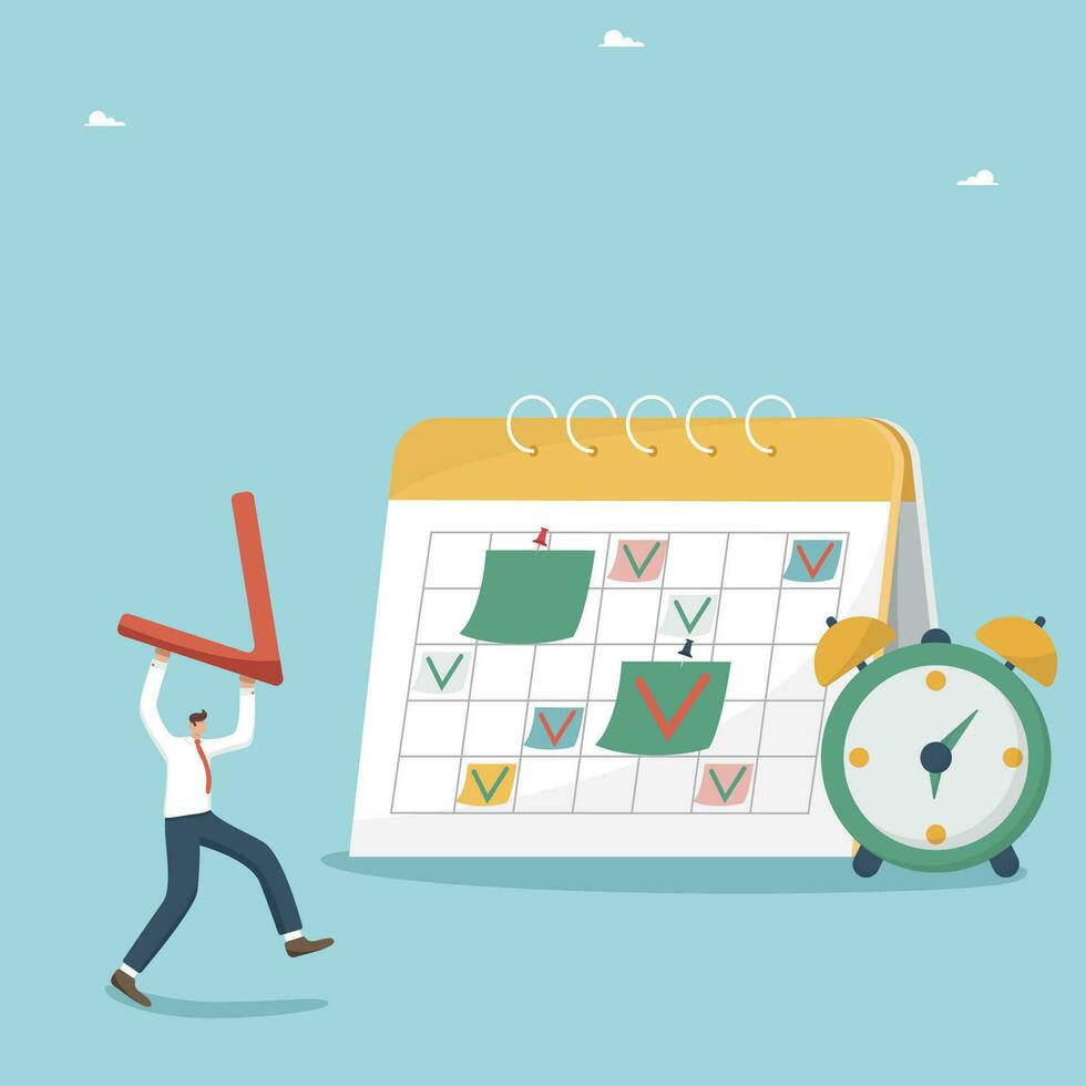 Time management and business planning, adherence to calendar schedule of events and work plan, invest in deadlines for the implementation of projects and tasks, man carries check mark to the calendar. vector