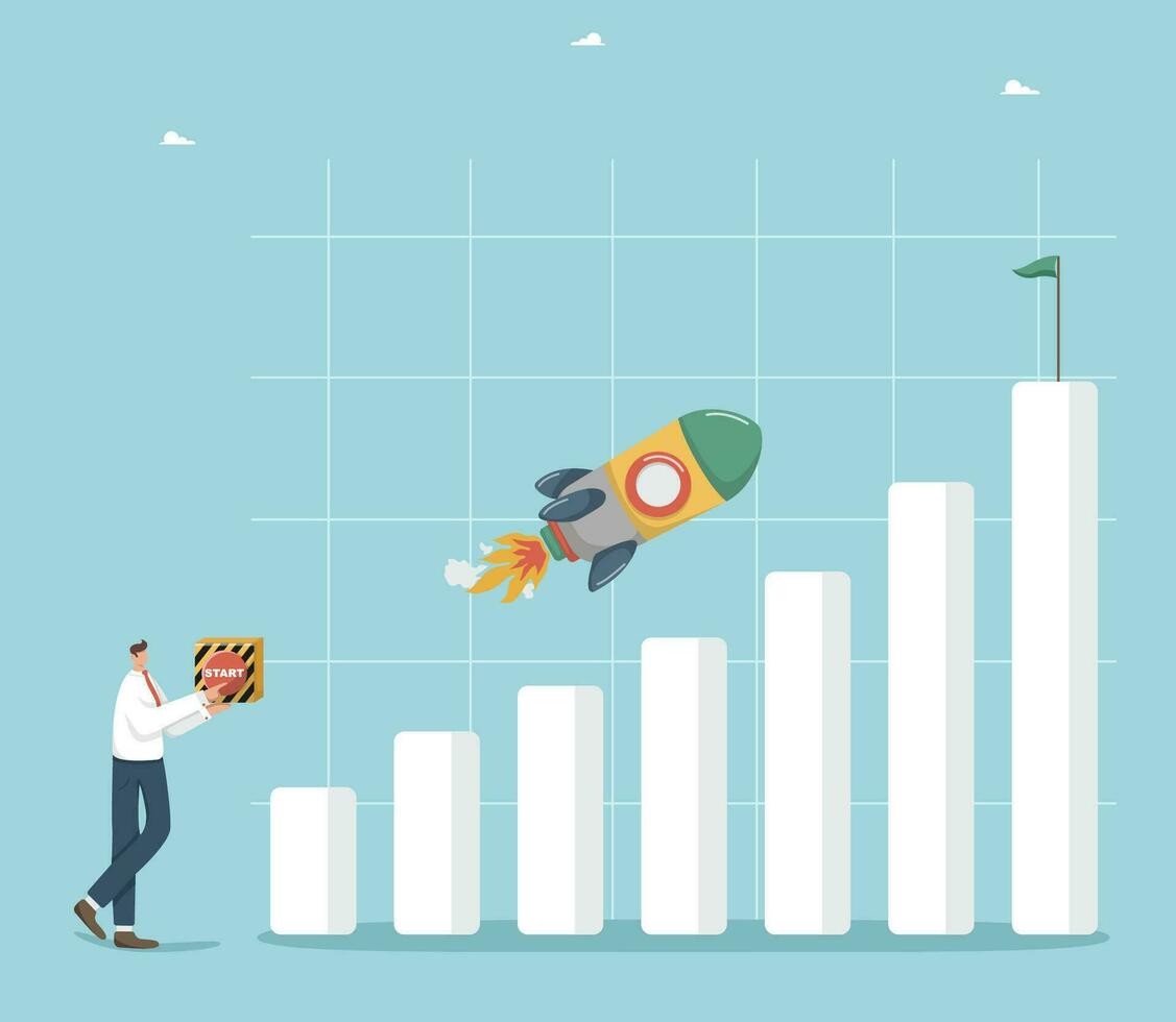 Financial and economic growth, income and profit growth, salary increase, rapid career climb, win a prize or bonus, businessman presses the start button and the rocket takes off on the chart growth. vector