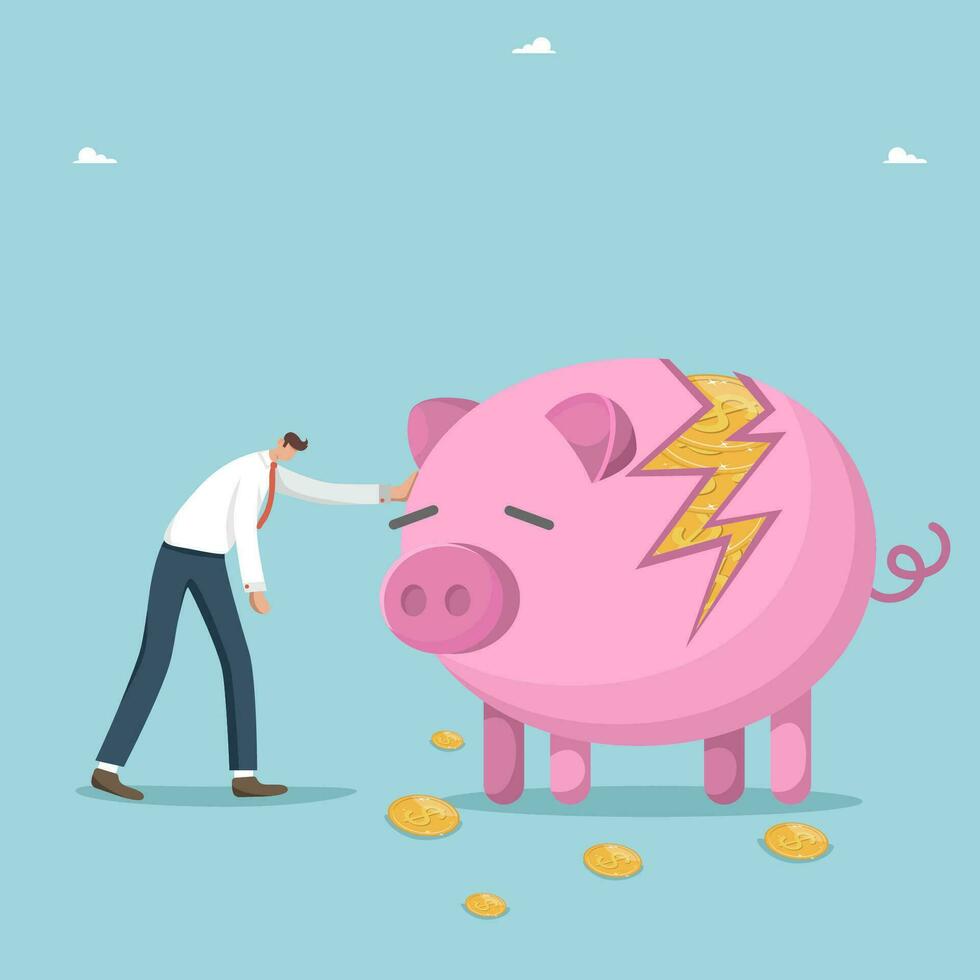 Recession and economic crisis, inflation or decrease in the value of money, financial difficulties or bankruptcy, falling currency or stock markets, investment risk, upset man near broken piggy bank. vector