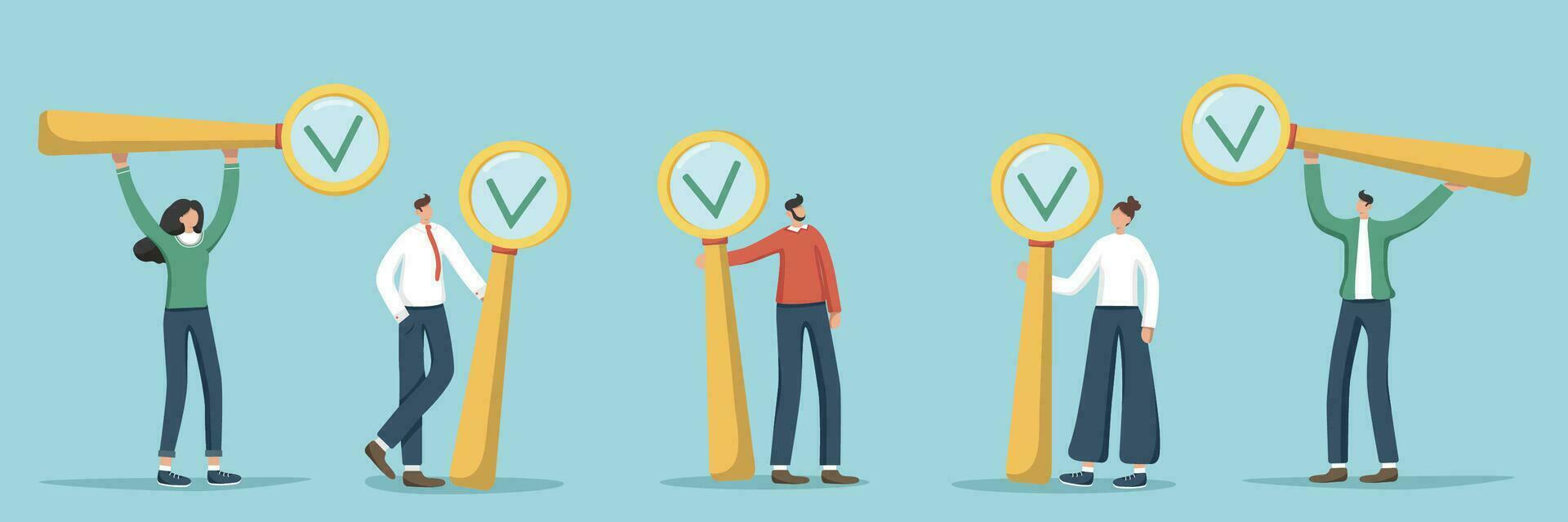 A set of illustrations of random people holding magnifying glasses. Choice concept. Questioning and voting, survey and testing. Check and track the progress of tasks in a planner or calendar. vector