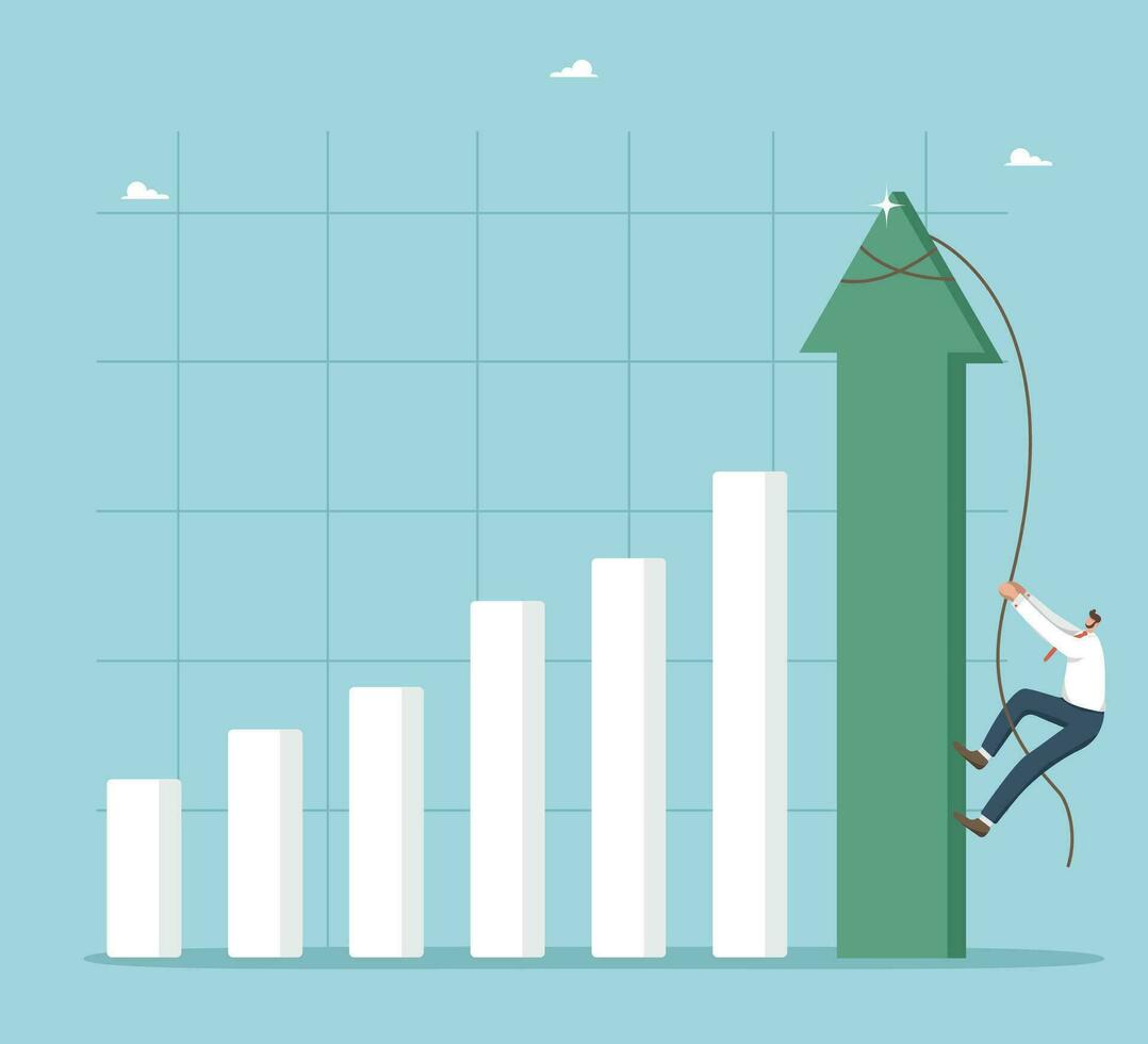 Rapid economic or investment growth, climbing the career ladder, improving financial well-being, the rapid pace of business and production development, man is climbing a tightrope on a growing graph. vector