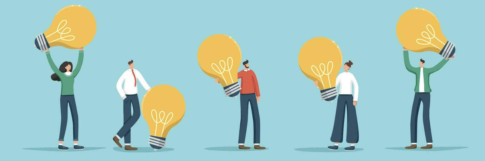 Set of illustrations of random people and they are holding huge light bulbs. Searching for ideas for business. Innovation and acquisition of new knowledge, brainstorming to achieve success. vector