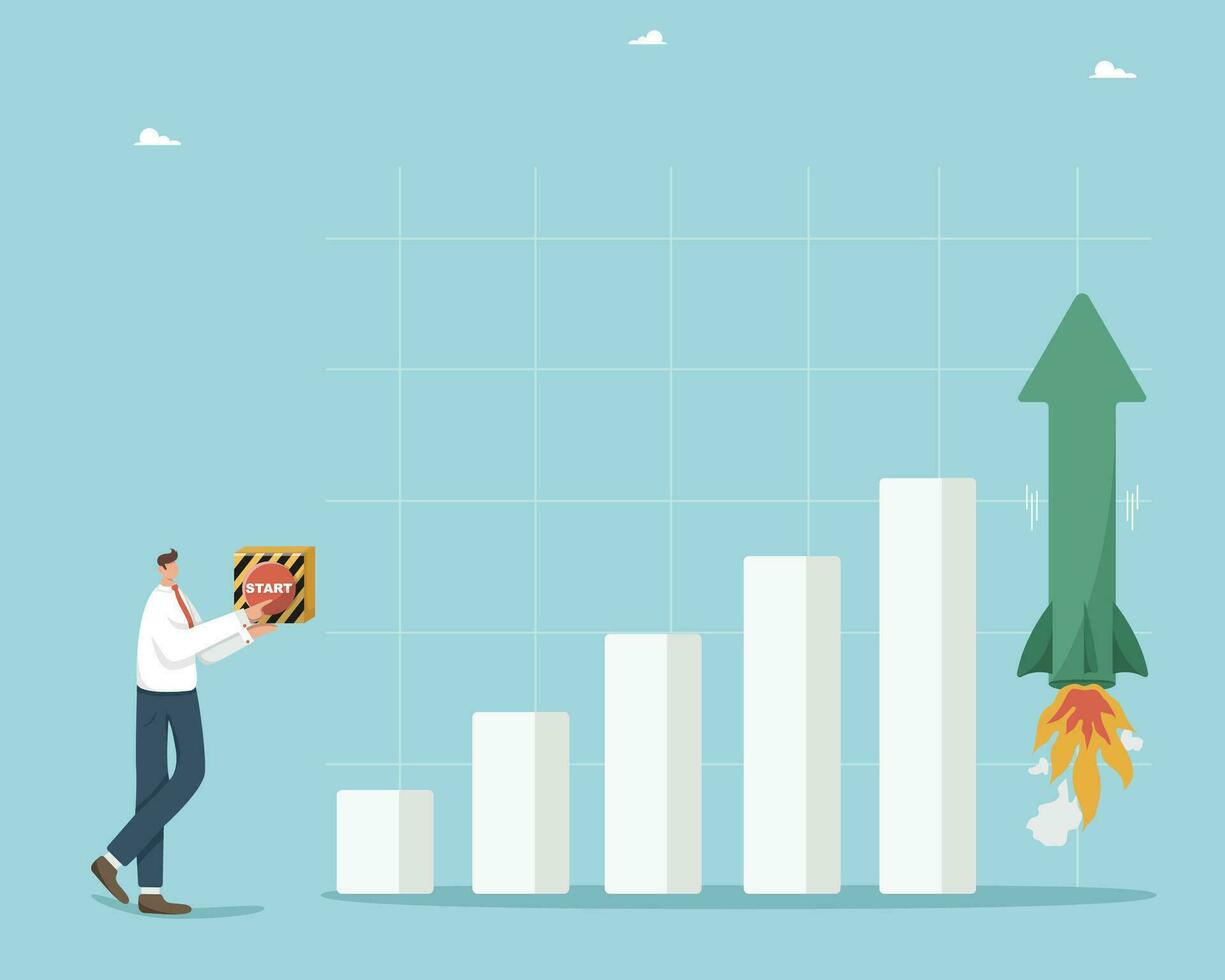 Financial and economic growth, income and profit growth, salary increase, investment portfolio and savings increase, man presses the start button and last column of the graph takes off like a rocket. vector