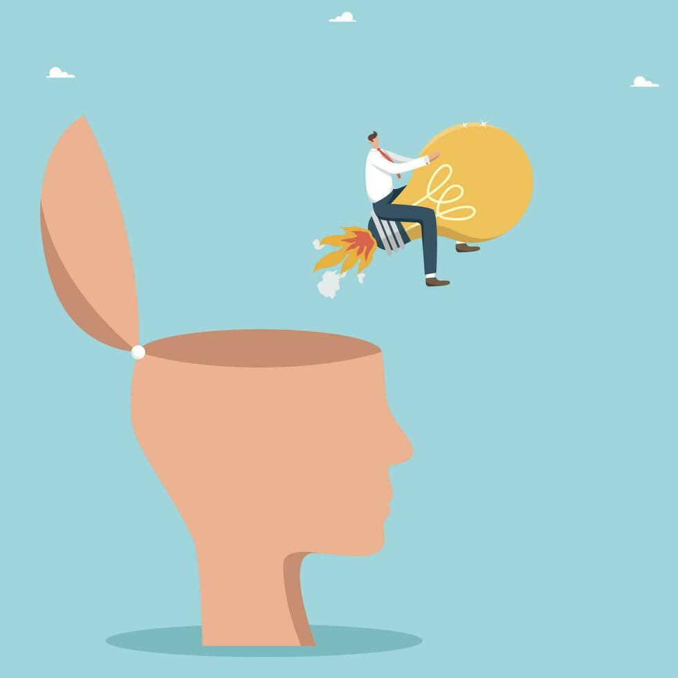 Brilliant innovative ideas to achieve great success, creative ideas for business development, innovation for profit, intelligence for career growth, man takes off on light bulb rocket from a big head. vector