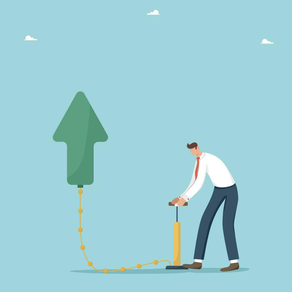Business planning for business development, the search for the right strategy, creative thinking to open up new opportunities, methods and ways to achieve goals, a leader man pumps a green arrow ball. vector