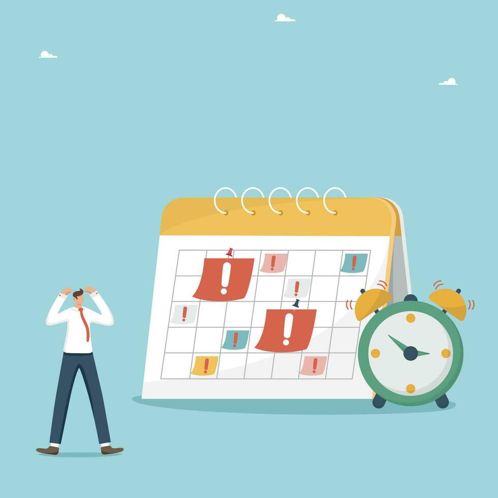 Deadline or limited deadlines for project completion, calendar schedule, planning work, time management, business schedule of meetings and events, shocked man near the calendar with many urgent tasks. vector