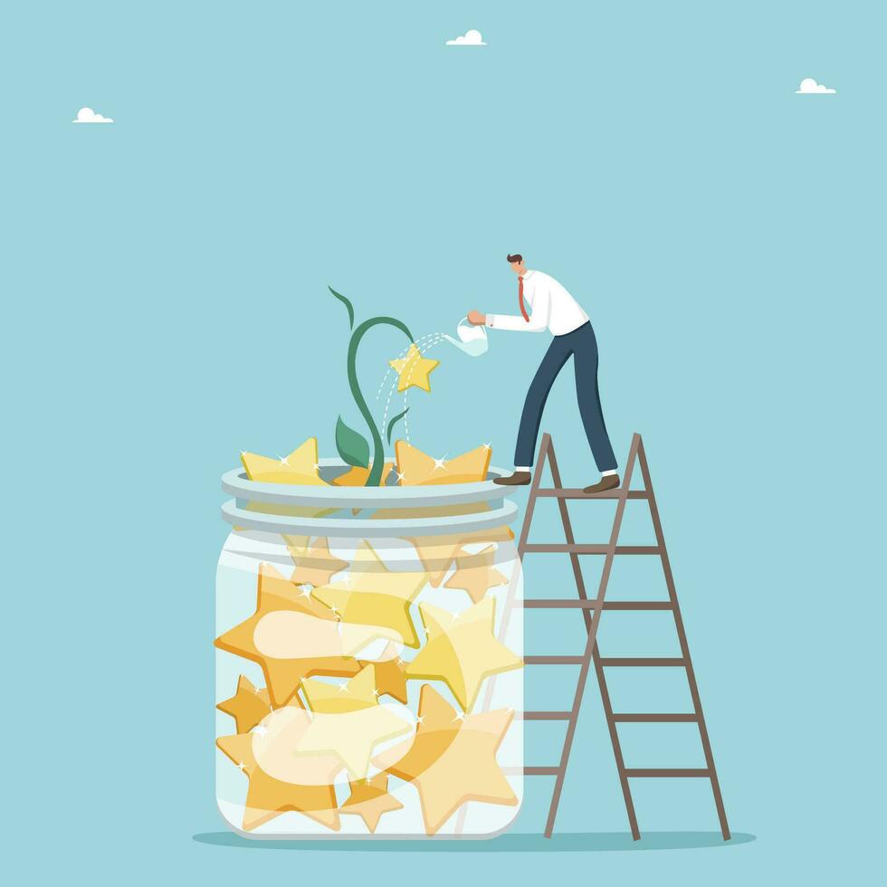 New business opportunities, cultivating a genius in yourself, creativity and imagination to achieve goals, achieve success and victory in business, growth and development, a man waters a jar of stars. vector