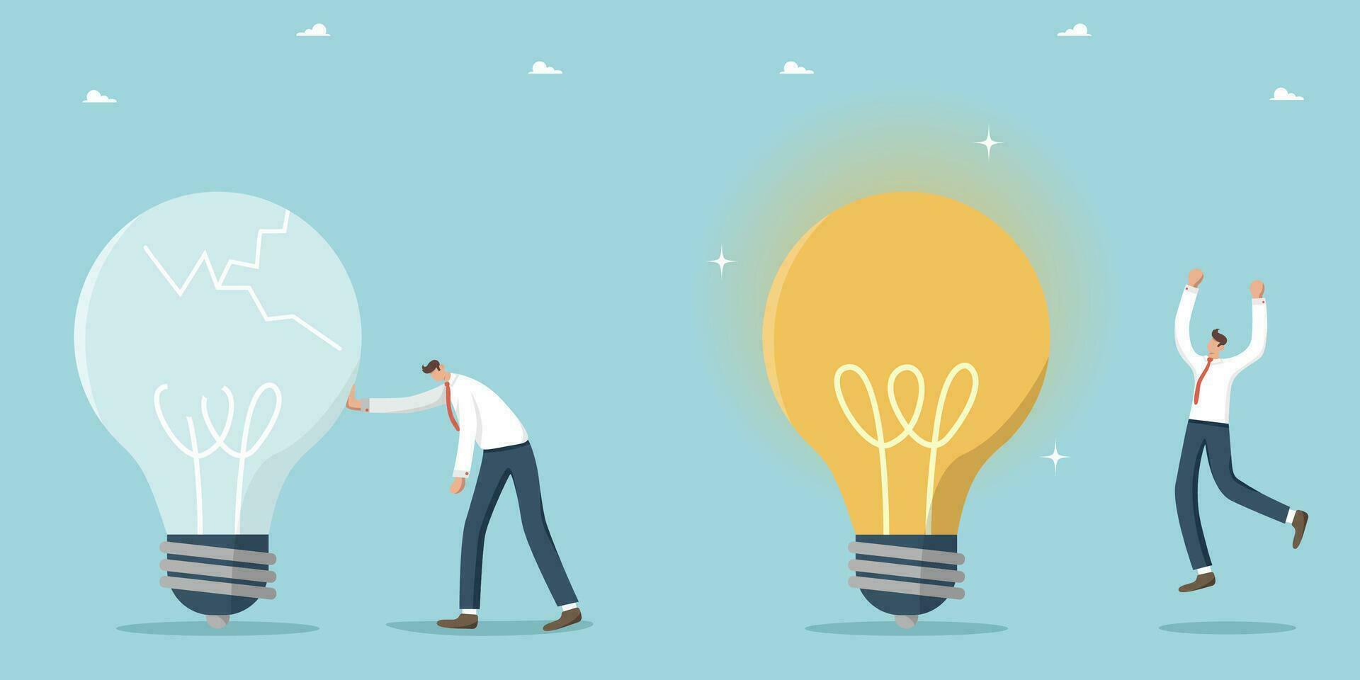 Found a brilliant idea for starting business or solving problem, brainstorming for finding successful strategy or growth plan, upset man near broken light bulb and happy man near a glowing light bulb. vector