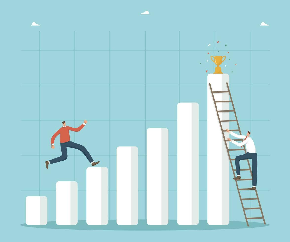 Ways and methods to achieve goals, strategic planning to achieve goals, growth and development paths, business analysis and vision, two businessmen reach the top of the graph and cup in different ways vector