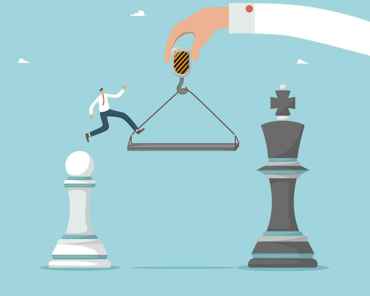 Help and cooperation to achieve goals, find winning strategy or the right way to develop and prosper business, defeat a competitor with hard work, man from a pawn jumps on king figure with crane arm. vector