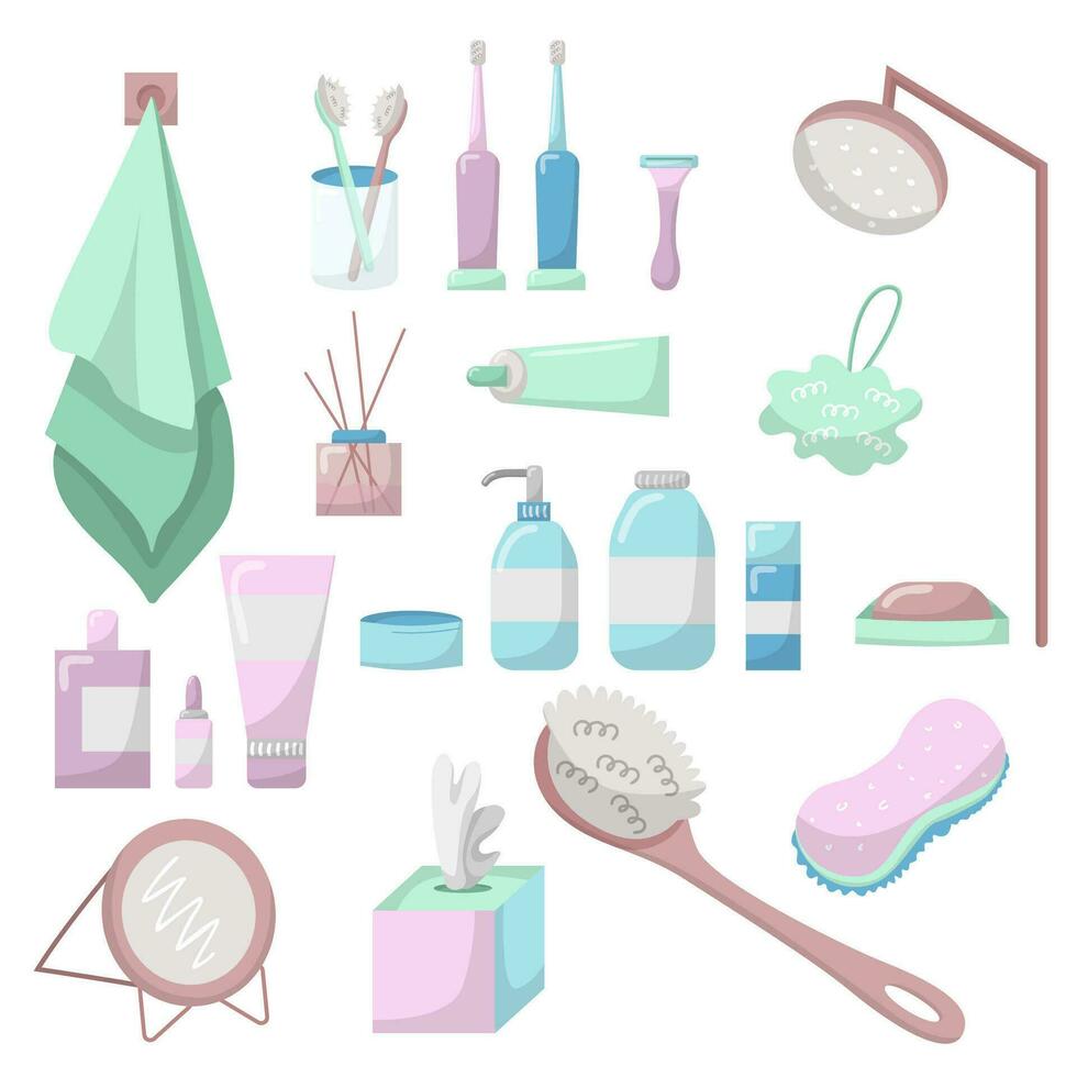 A set of bathroom and shower accessories. Body cosmetics in flat vector style. Towel, toothbrushes, razor, shower, washcloths, soap, shower gel, shampoo, face cream and serum, perfumes and more.