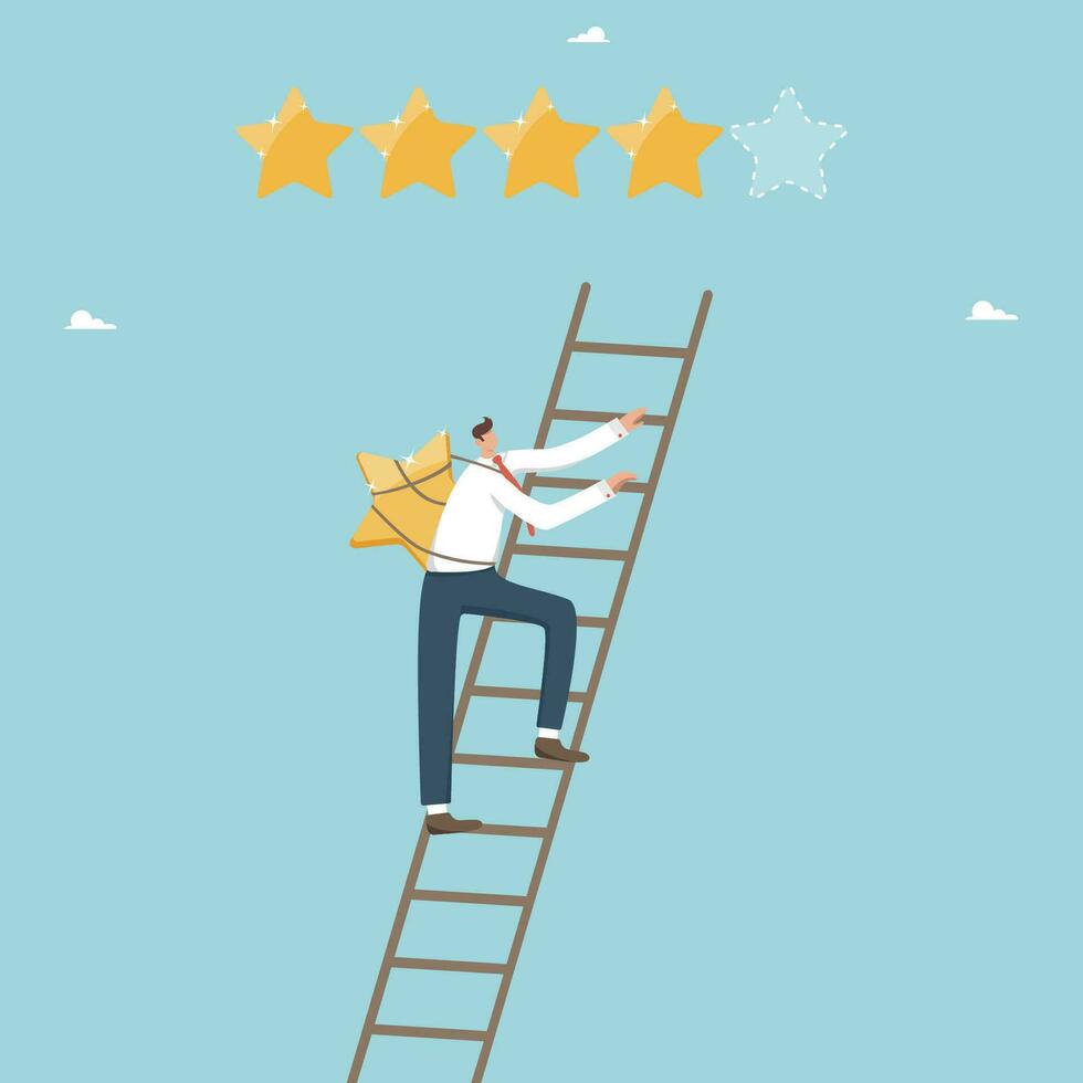 Five star rating, product quality and positive service feedback, user experience, evaluation rank concept, user satisfaction rating, feedback, businessman climbs the ladder with a star to a rating. vector