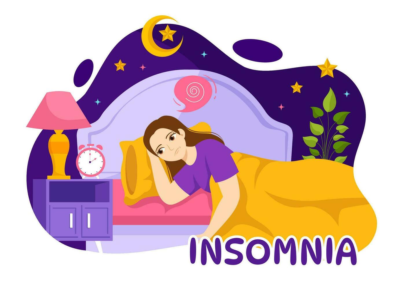 Insomnia Vector Illustration with Young People Unable to Sleep, Thinking and Eyes Open at Night Bedroom in Flat Cartoon Hand Drawn Templates