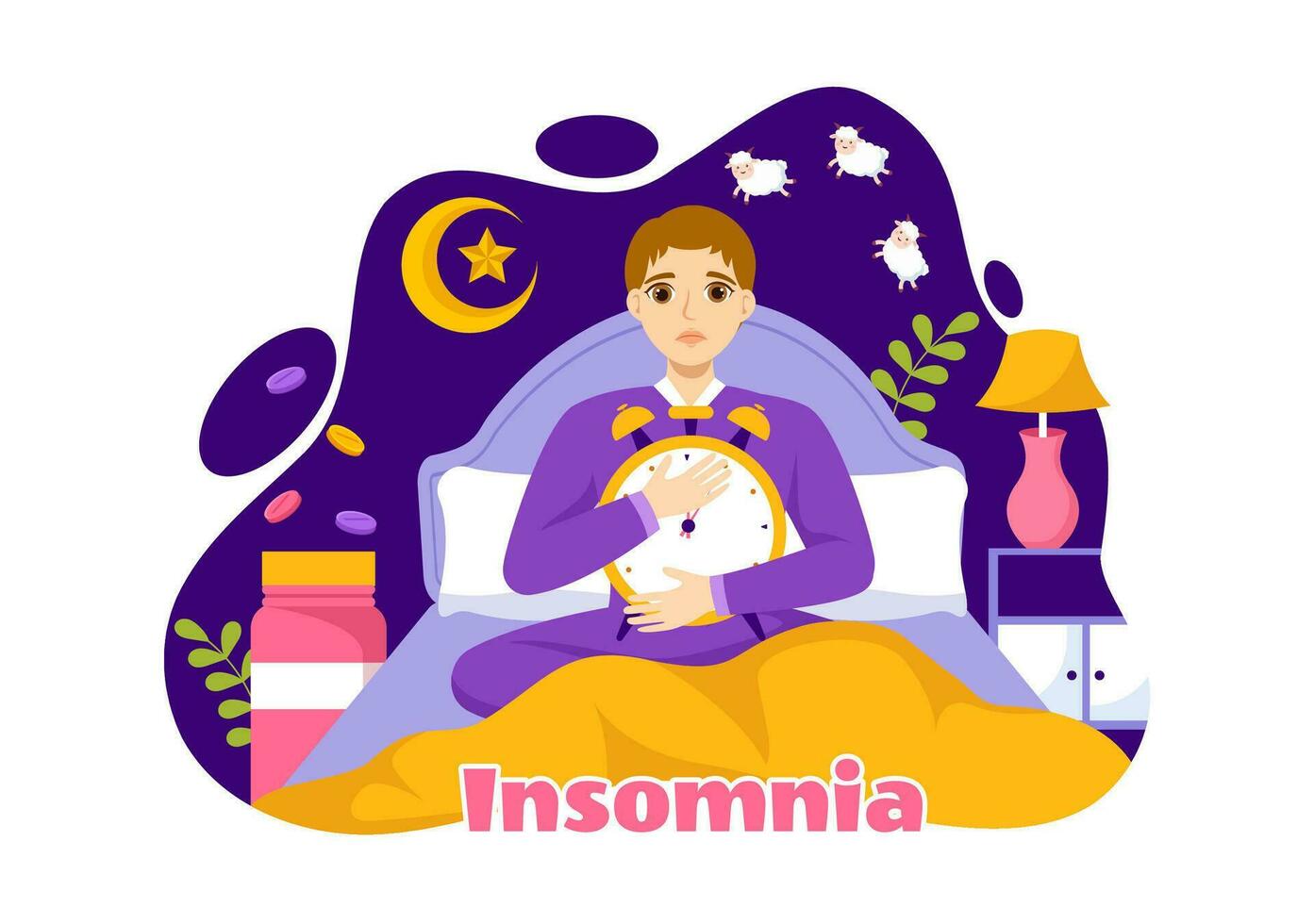 Insomnia Vector Illustration with Young People Unable to Sleep, Thinking and Eyes Open at Night Bedroom in Flat Cartoon Hand Drawn Templates