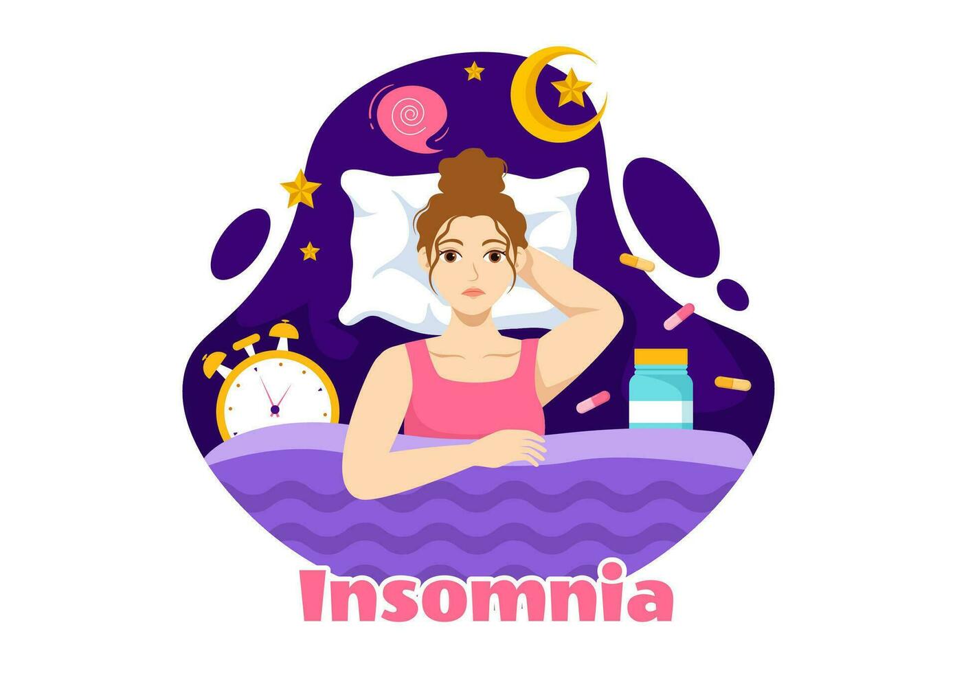 insomnio vector ilustración con joven personas incapaz a dormir, pensando y ojos abierto a noche dormitorio en plano dibujos animados mano dibujado plantillas