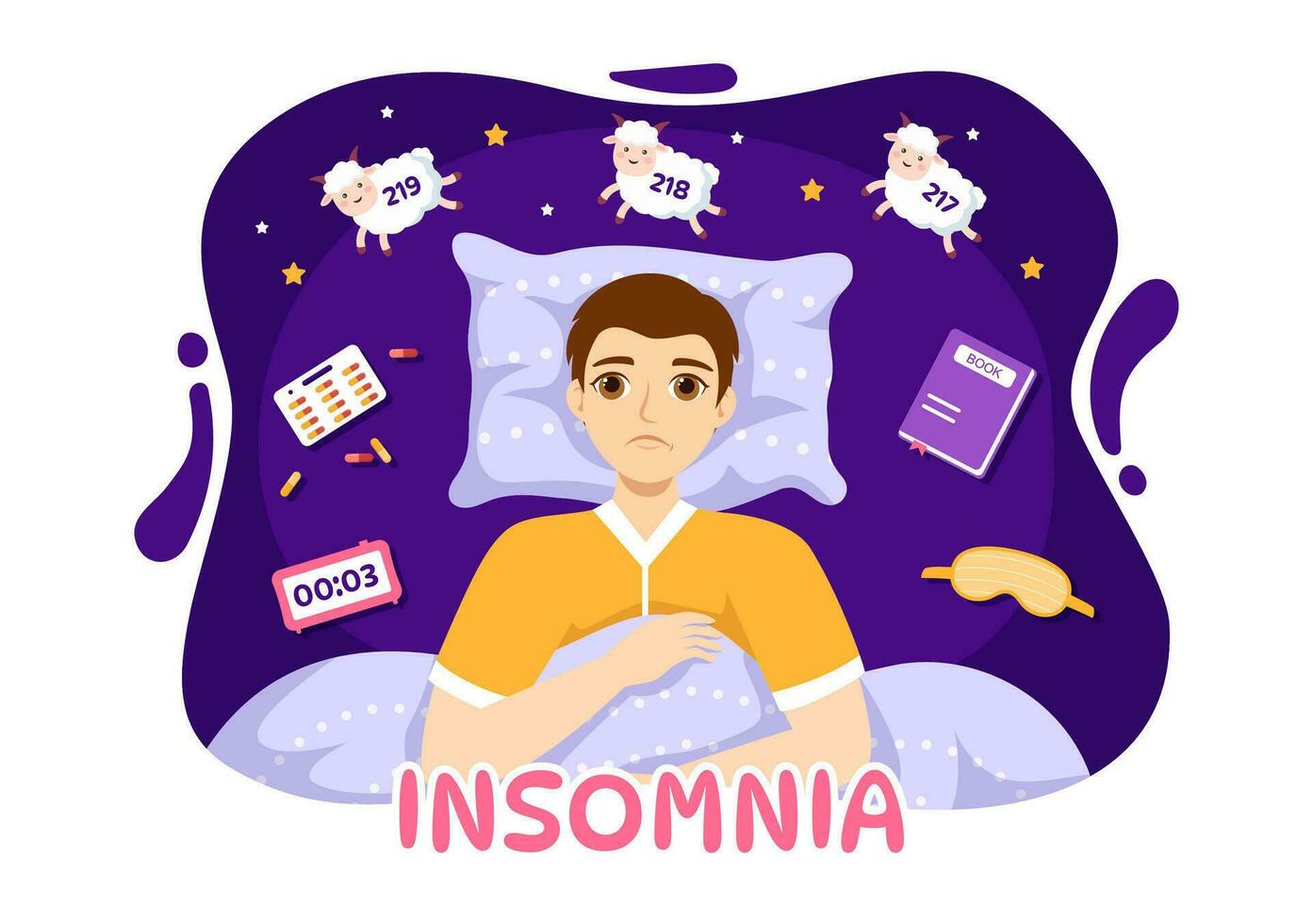 Insomnia Vector Illustration with Young People Unable to Sleep, Thinking and Eyes Open at Night Bedroom in Flat Cartoon Hand Drawn Templates