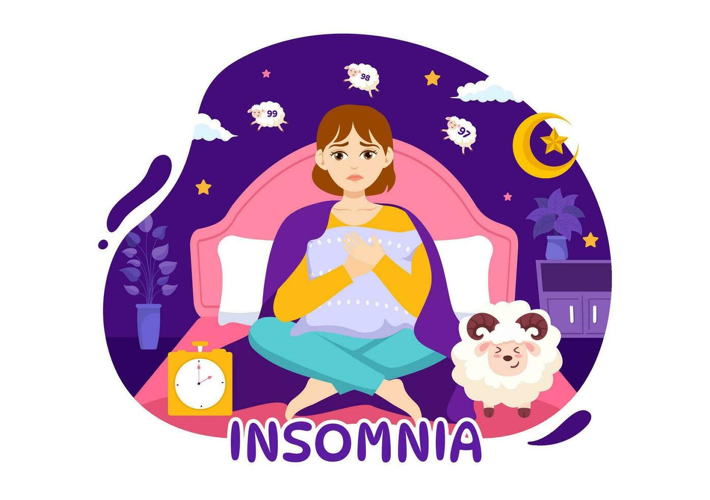 insomnio vector ilustración con joven personas incapaz a dormir, pensando y ojos abierto a noche dormitorio en plano dibujos animados mano dibujado plantillas