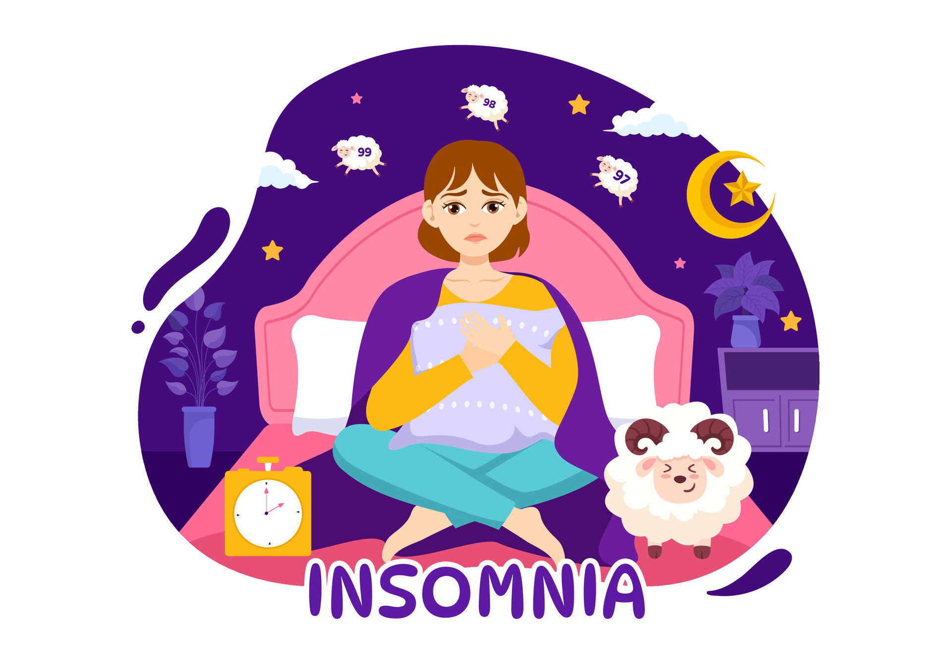 Insomnia Vector Illustration with Young People Unable to Sleep