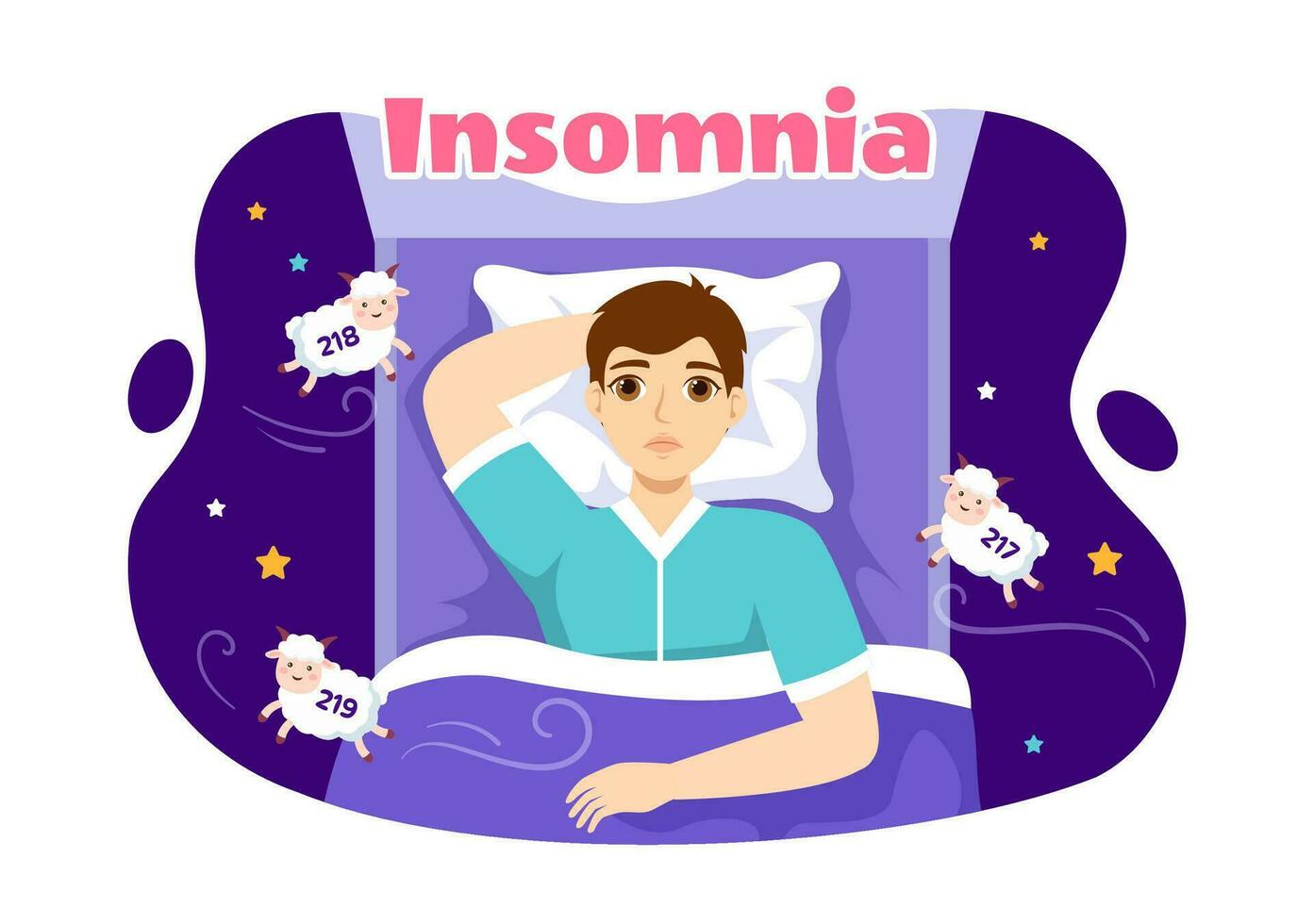 insomnio vector ilustración con joven personas incapaz a dormir, pensando y ojos abierto a noche dormitorio en plano dibujos animados mano dibujado plantillas