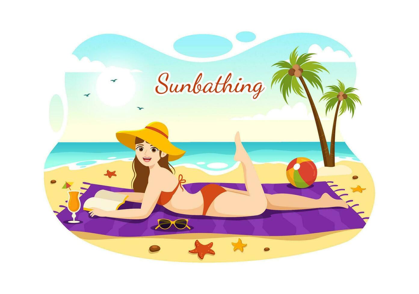 Sunbathing Vector Illustration of People Lying on Chaise Lounge and Relaxing on Beach Summer Holidays in  Flat Cartoon Hand Drawn Templates