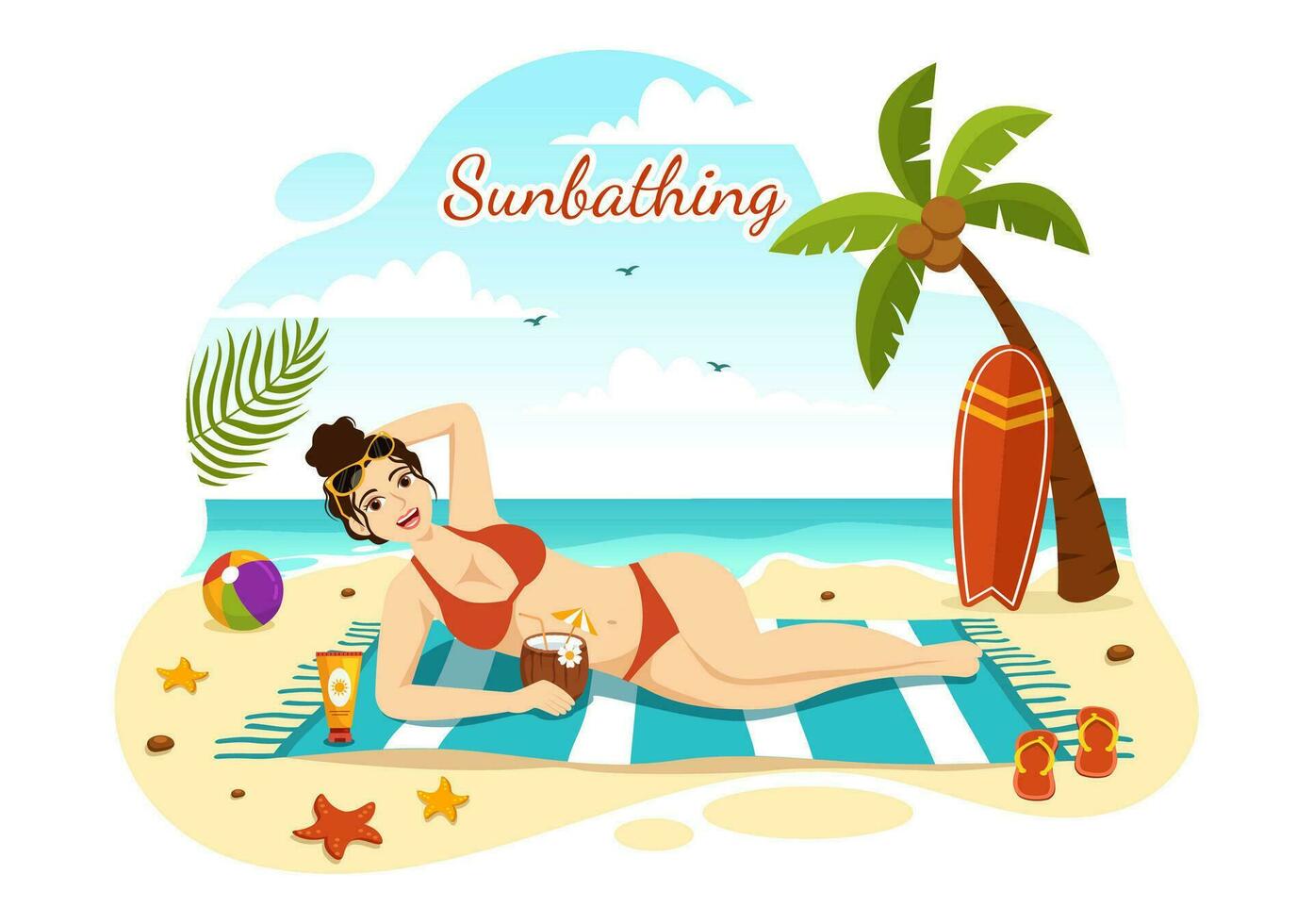 Sunbathing Vector Illustration of People Lying on Chaise Lounge and Relaxing on Beach Summer Holidays in  Flat Cartoon Hand Drawn Templates