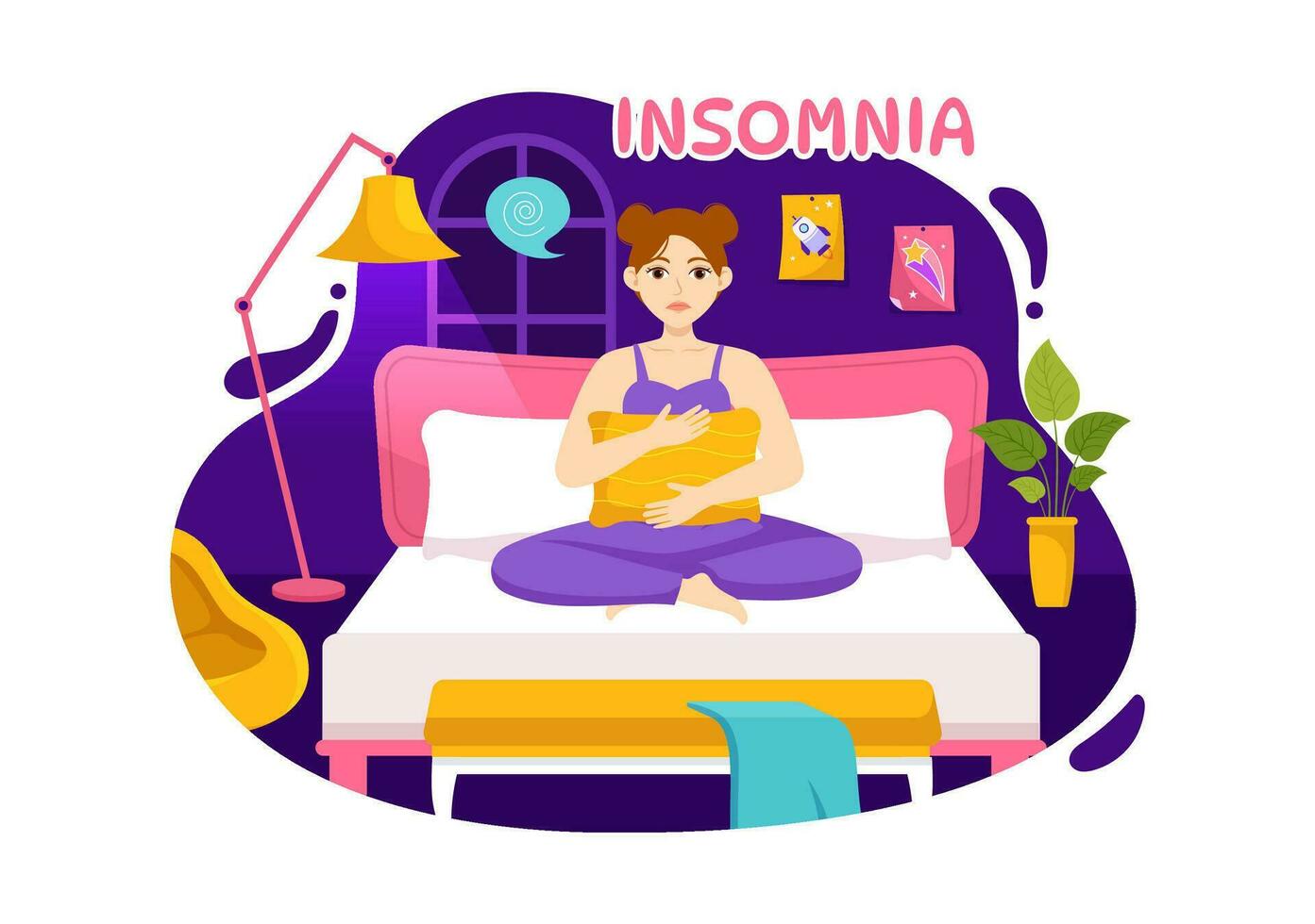 Insomnia Vector Illustration with Young People Unable to Sleep, Thinking and Eyes Open at Night Bedroom in Flat Cartoon Hand Drawn Templates