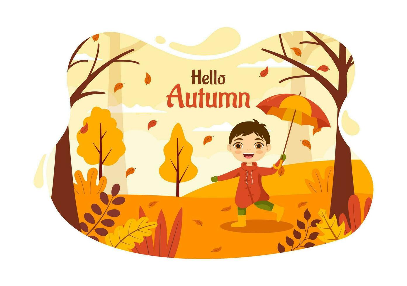 otoño vector ilustración niños panorámico de montañas y arce arboles caído con amarillo follaje en dibujos animados mano dibujado aterrizaje página plantillas